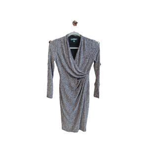 Lauren Ralph Lauren long-sleeved faux wrap dress in a black and gray fabric.